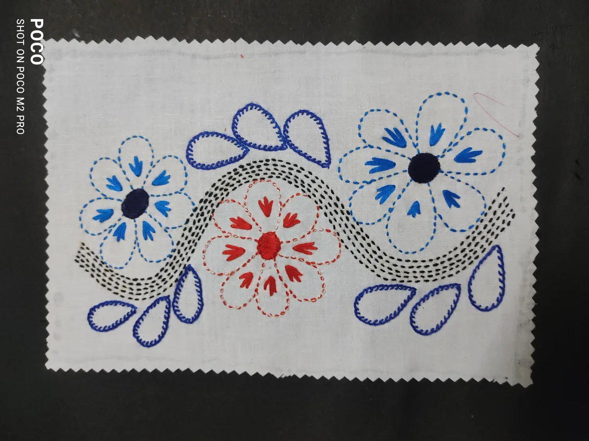 Échantillon de broderie kantha au point avant avec motifs floraux colorés sur coton blanc