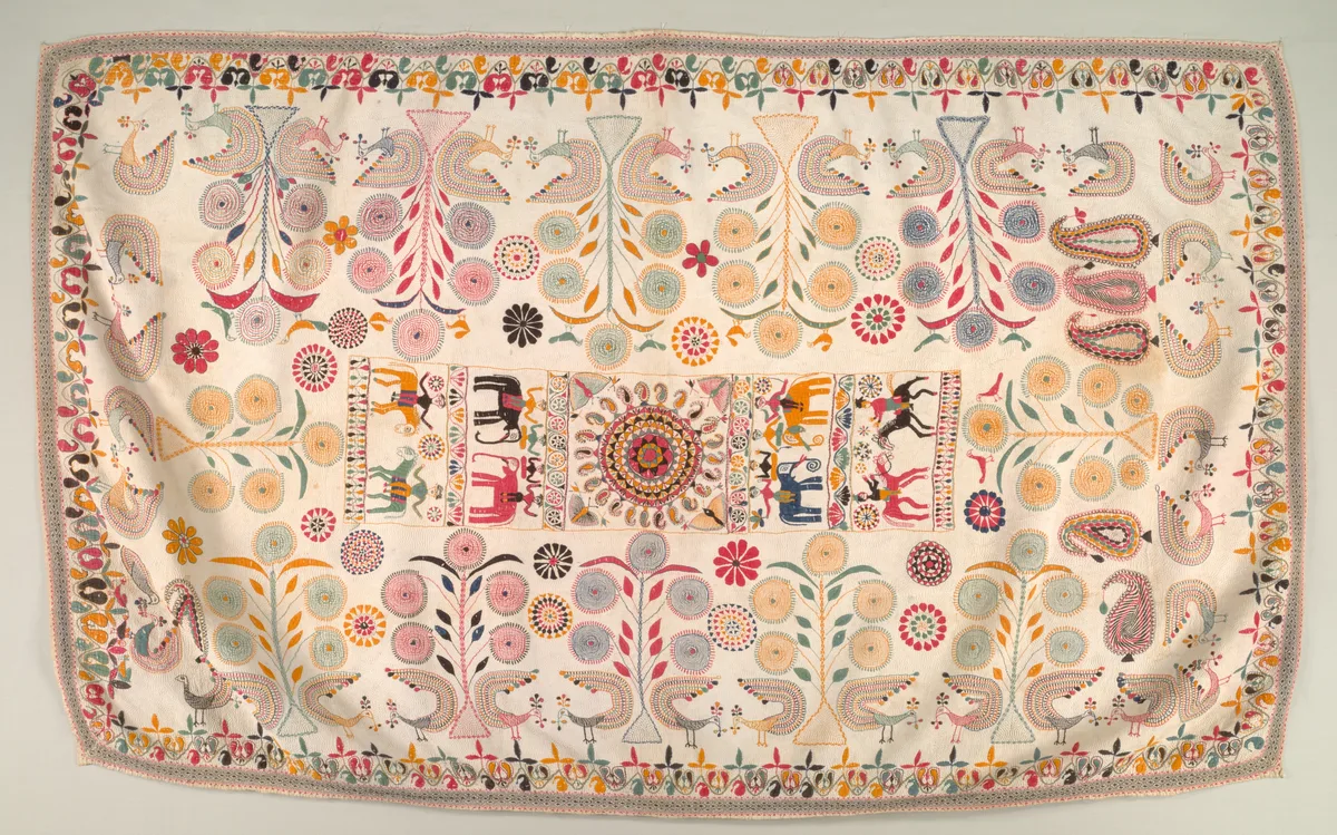 Kantha ancien du Bengale du XIXe siècle brodé de motifs floraux et de paons