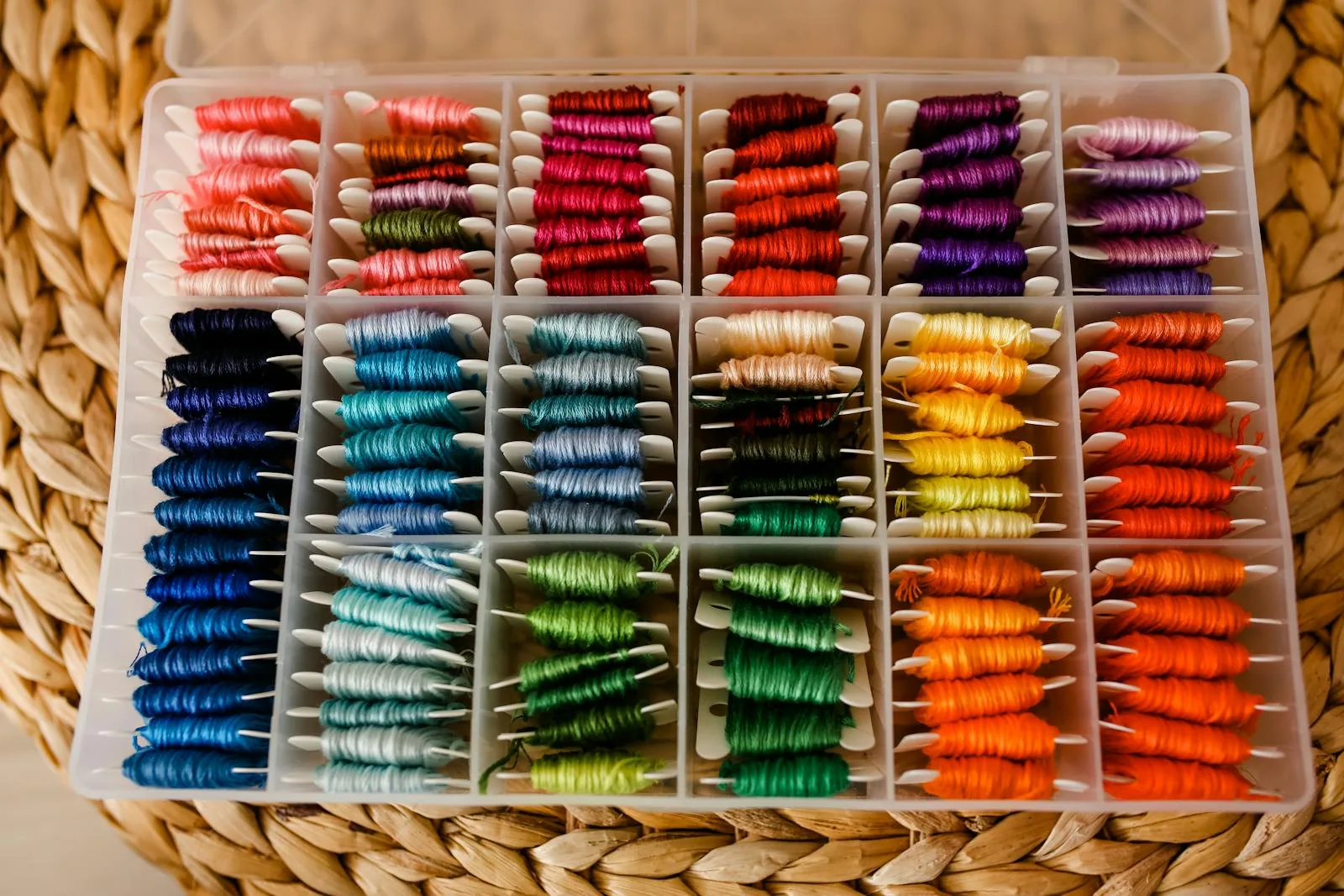 Fils DMC de couleurs pastel disposés autour d'un matériel de broderie pour un projet de Pâques