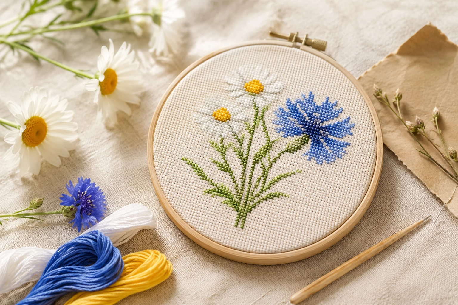 Broderie de marguerite et bleuet terminée en cerceau, exemple de motif floral printanier pour Pâques