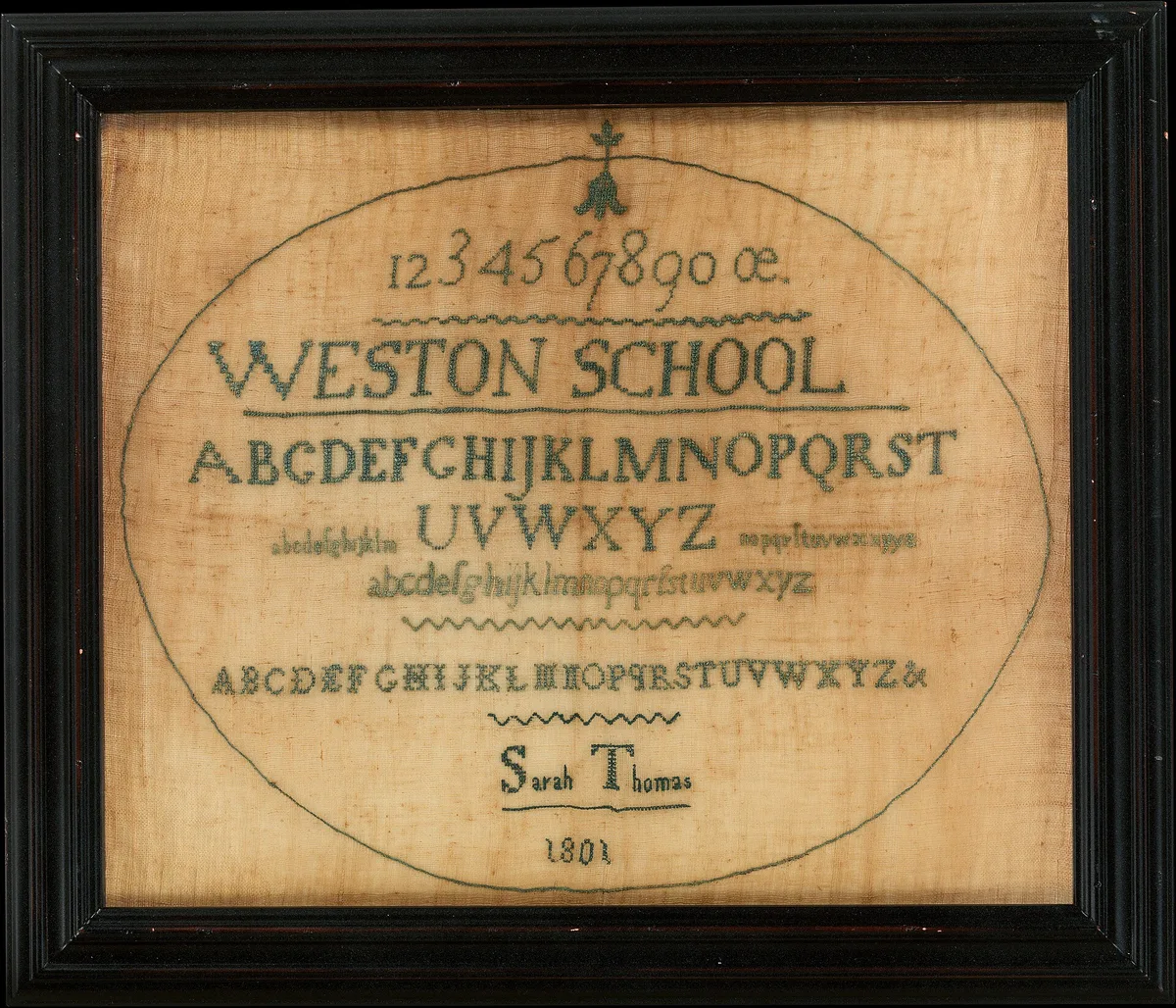 Sampler de marquage de 1801 encadré, alphabets au point de croix vert dans un ovale, signé Sarah Thomas