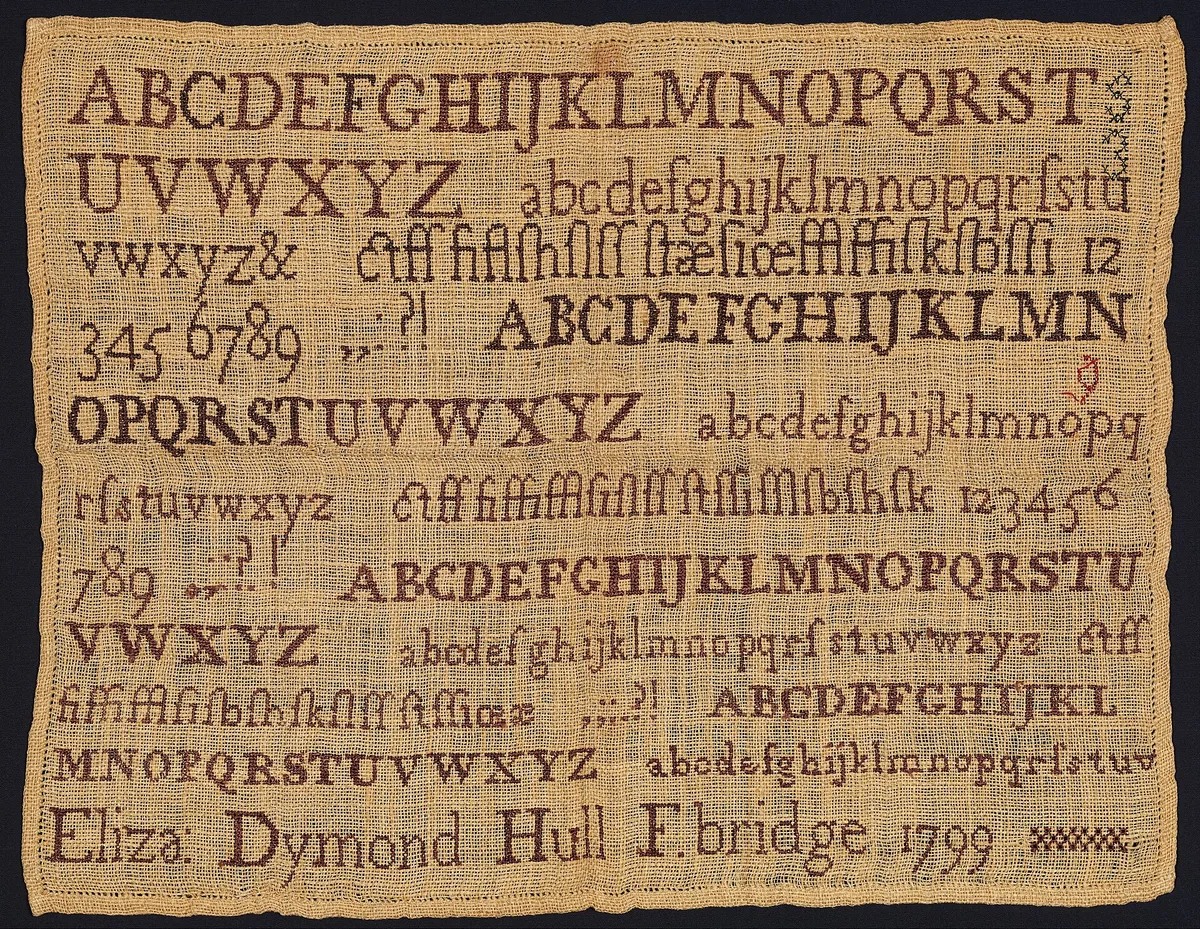 Sampler de marquage quaker de 1799 brodé au point de croix rouge sur lin, alphabets majuscules et minuscules, chiffres et signature