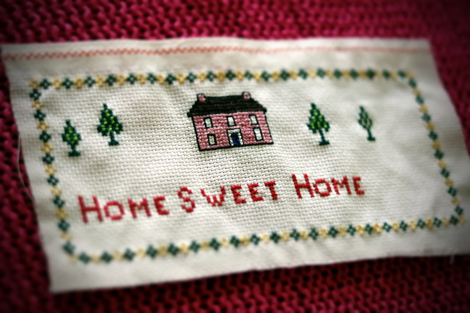 Détail d'une broderie point de croix encadrée avec bordure décorative, exemple de finition soignée en grand format
