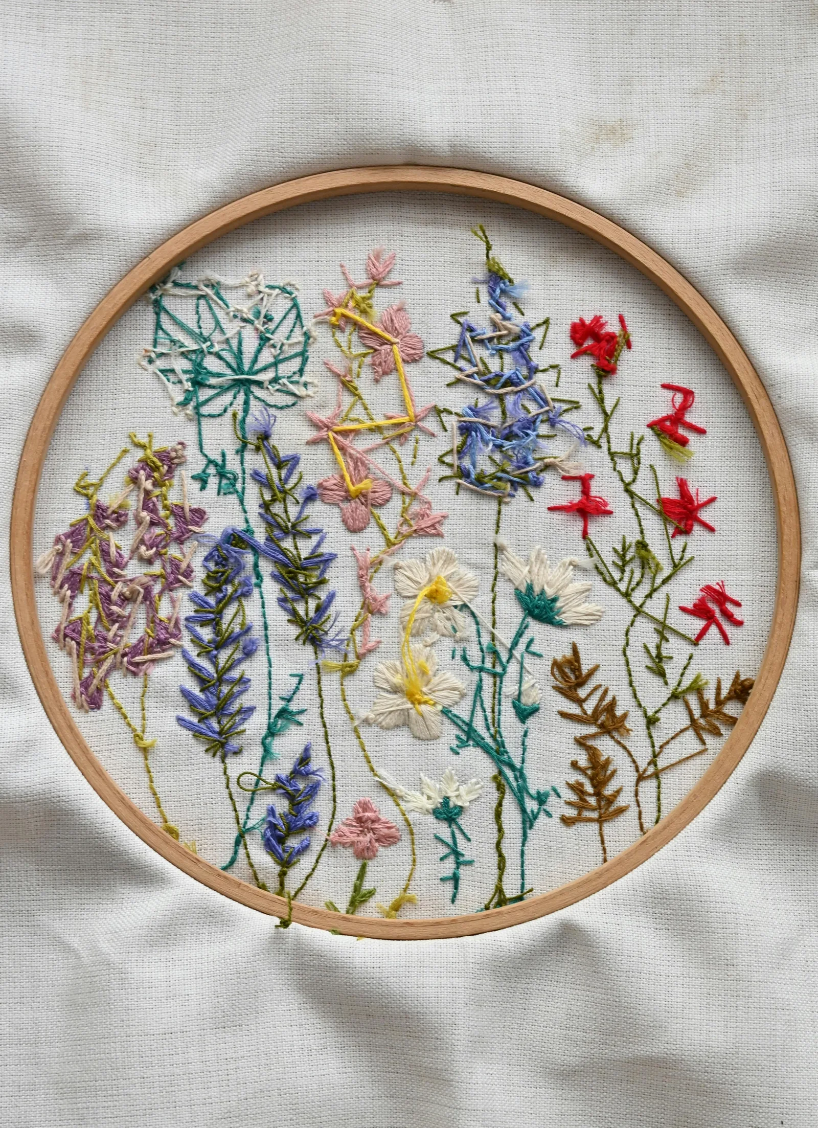 Broderie florale colorée dans un cerceau en bois, inspiration pour un motif de canevas ou point de croix