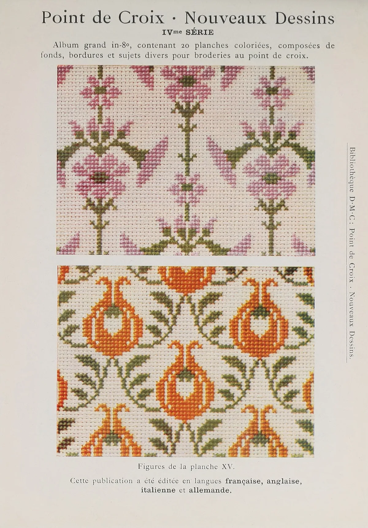 Page du catalogue DMC Point de croix nouveaux dessins quatrième série avec motifs floraux roses et orange brodés
