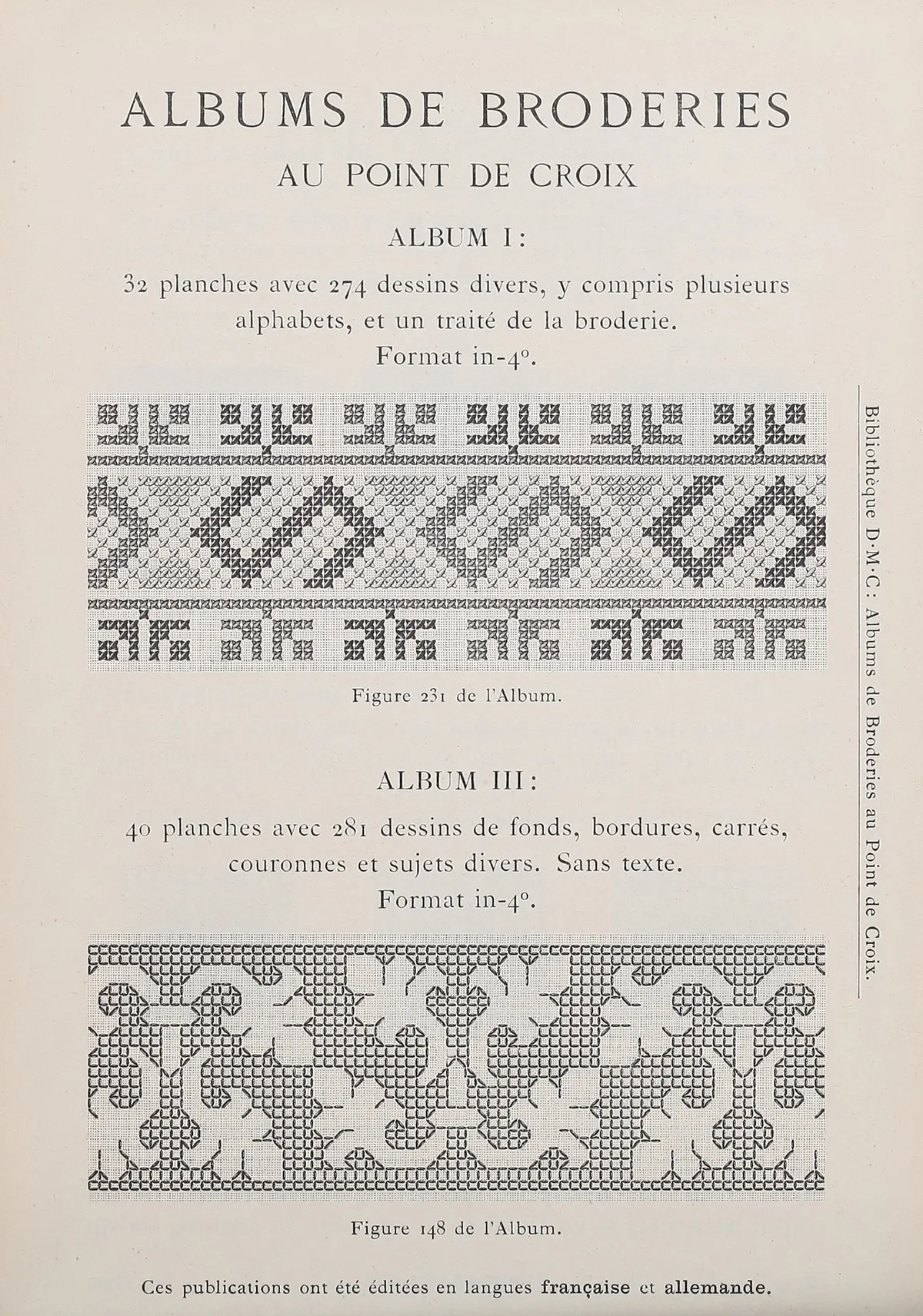 Page de catalogue de la Bibliothèque DMC présentant les albums de broderies au point de croix avec deux frises en grille