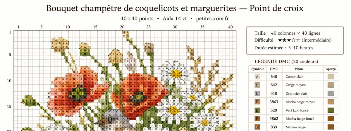 Extrait de la grille point de croix bouquet champêtre coquelicots et marguerites — 40×40 points, 20 couleurs DMC