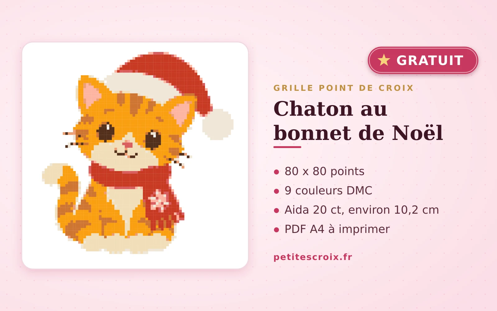 Chaton au bonnet de Noël : grille point de croix gratuite 2026