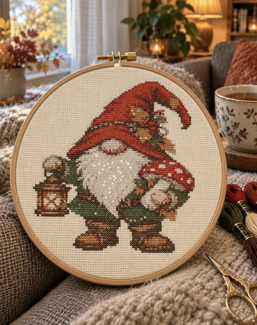 Aperçu du gnome à la lanterne brodé au point de croix dans un cerceau en bois, posé sur un plaid avec une tasse de thé et des écheveaux