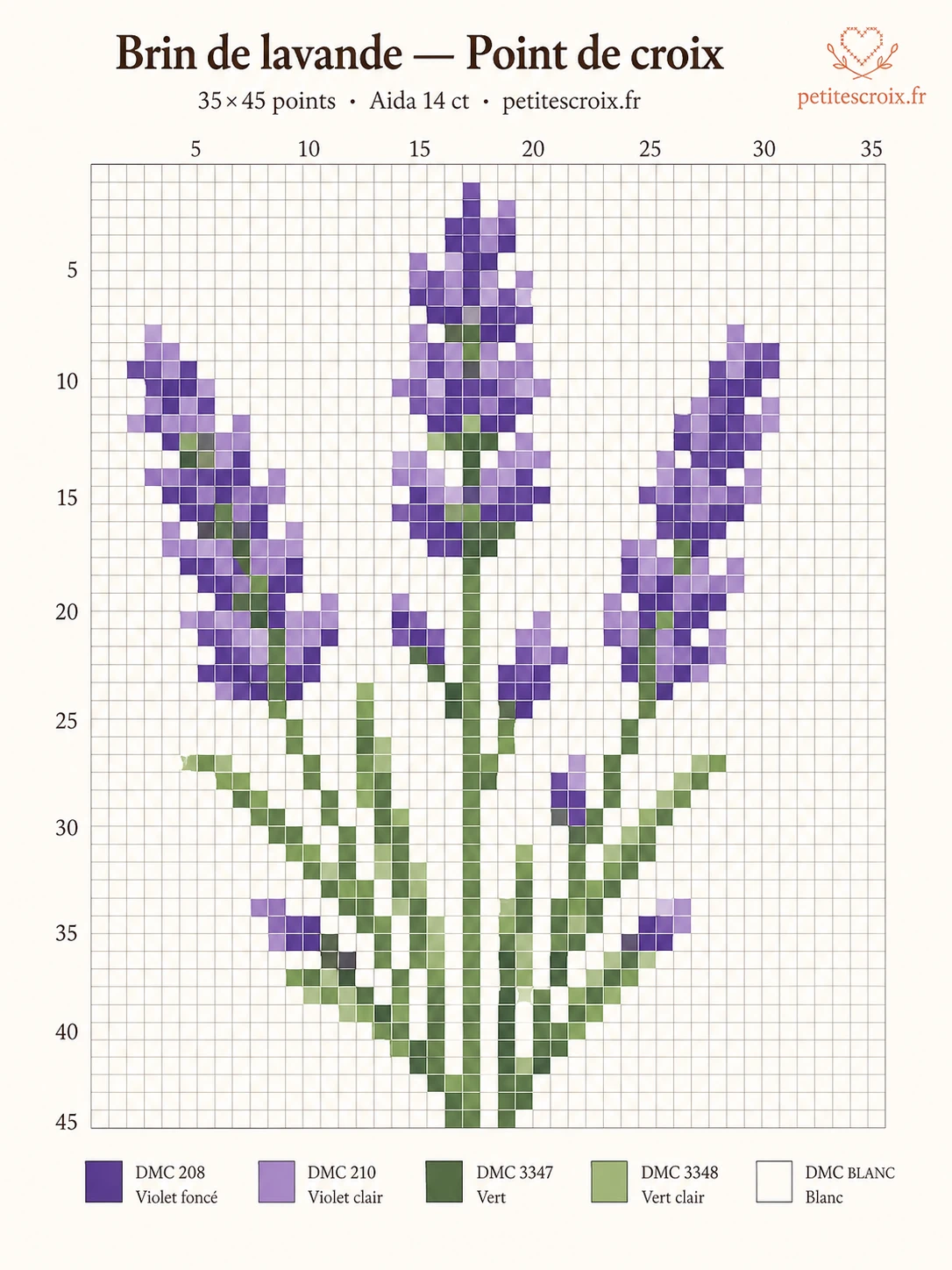 Grille point de croix brin de lavande — 35×45 points, 5 couleurs DMC