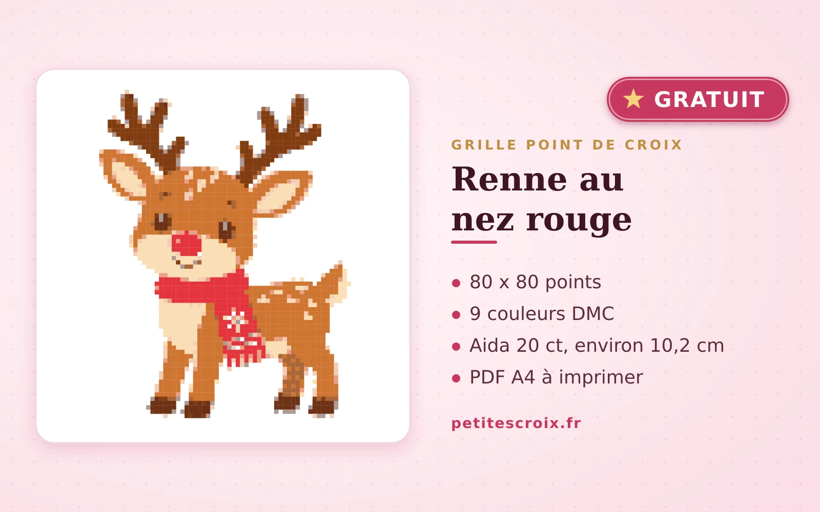 Renne au nez rouge : grille point de croix gratuite 2026