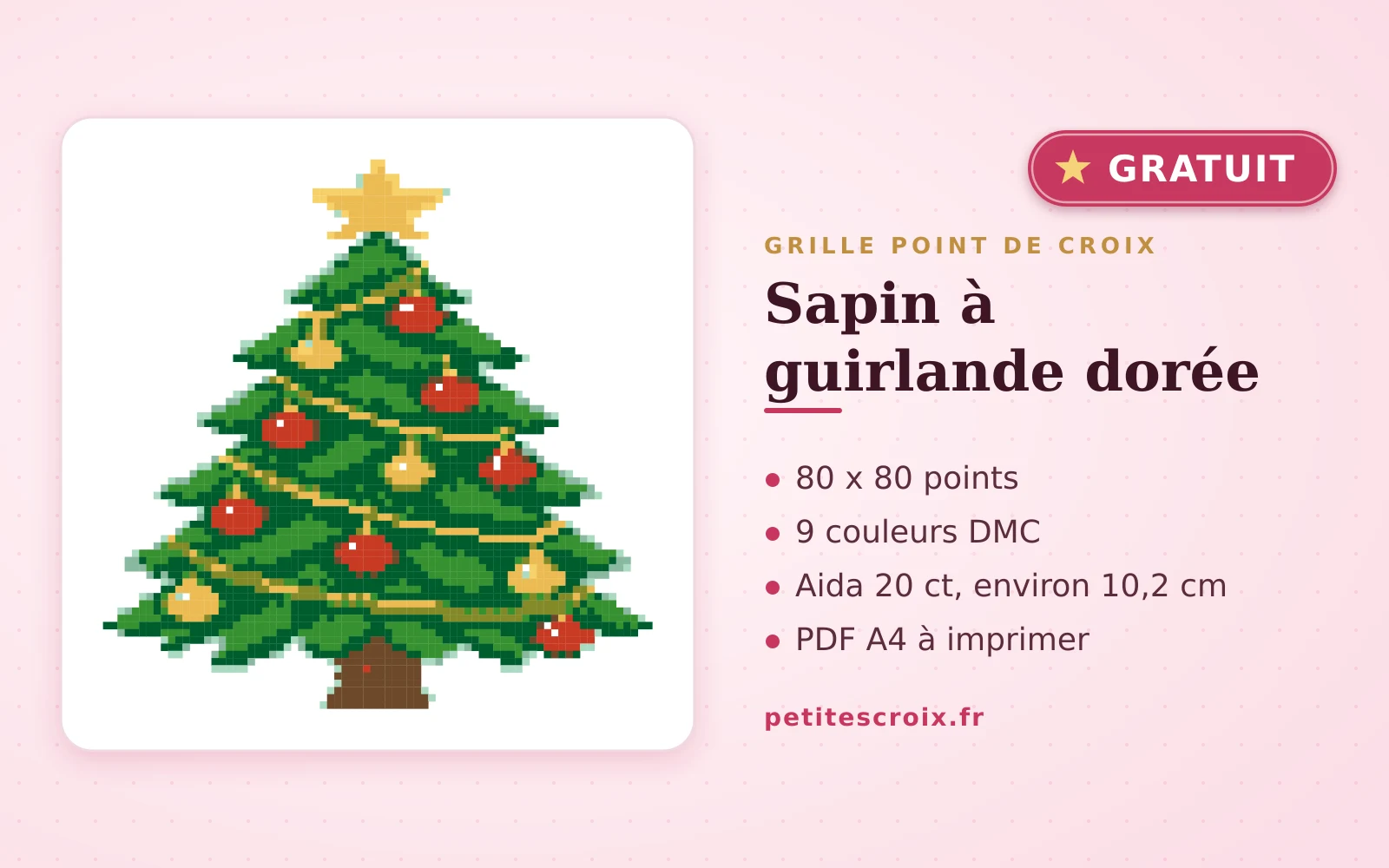 Sapin à guirlande dorée : grille point de croix gratuite 2026