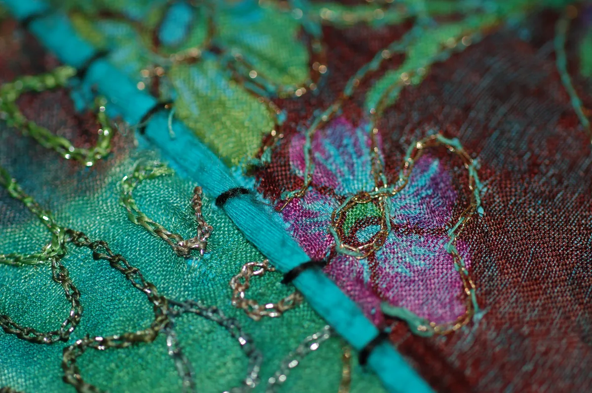 Gros plan abstrait sur des fils de broderie colorés en cours d'ouvrage, tons verts et dorés