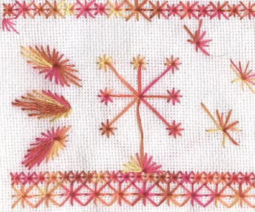 Échantillonnier de points de broderie en étoile, demi-œillets et bordure de points croisés en dégradé de roses