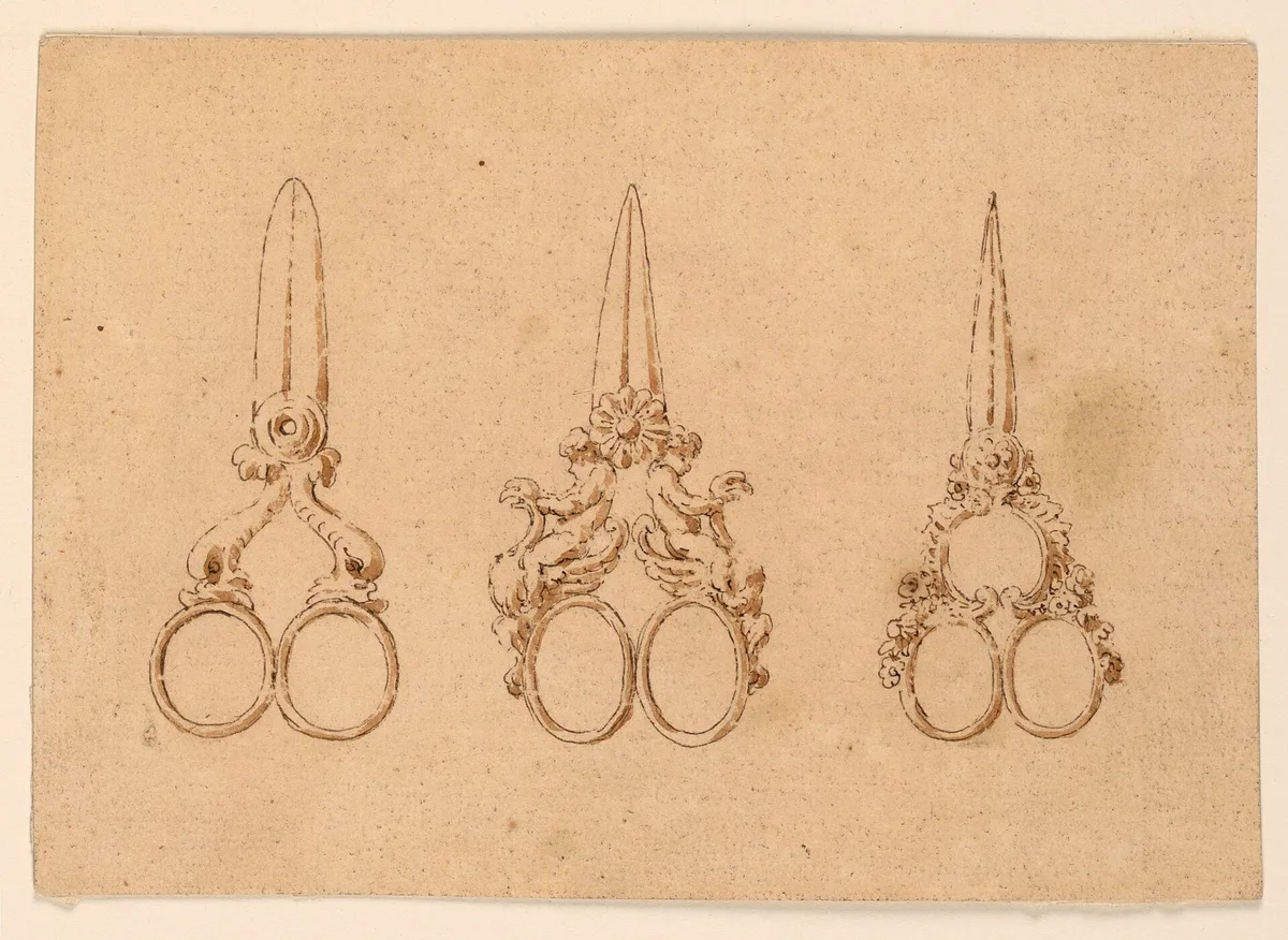 Dessin ancien de trois modèles de ciseaux de broderie aux anneaux décorés