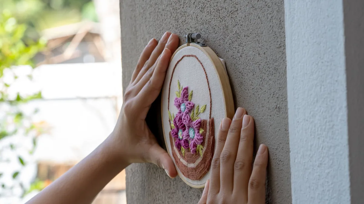 Broderie florale encadrée accrochée au mur, exemple d'affichage d'un cadeau brodé pour la Saint-Valentin