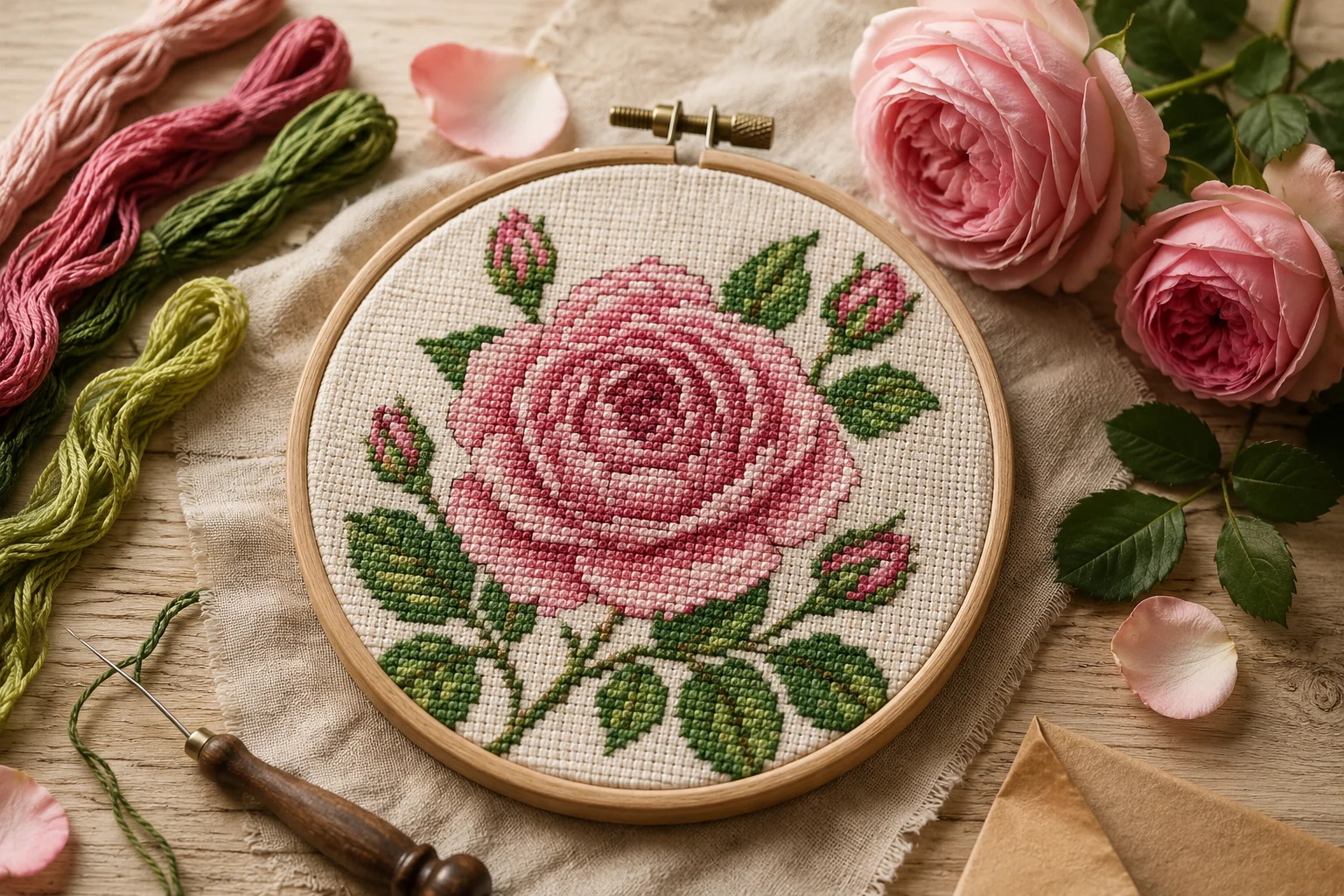 Fils DMC roses et verts et fleurs roses autour d'une broderie de roses en point de croix pour un cadeau de Saint-Valentin