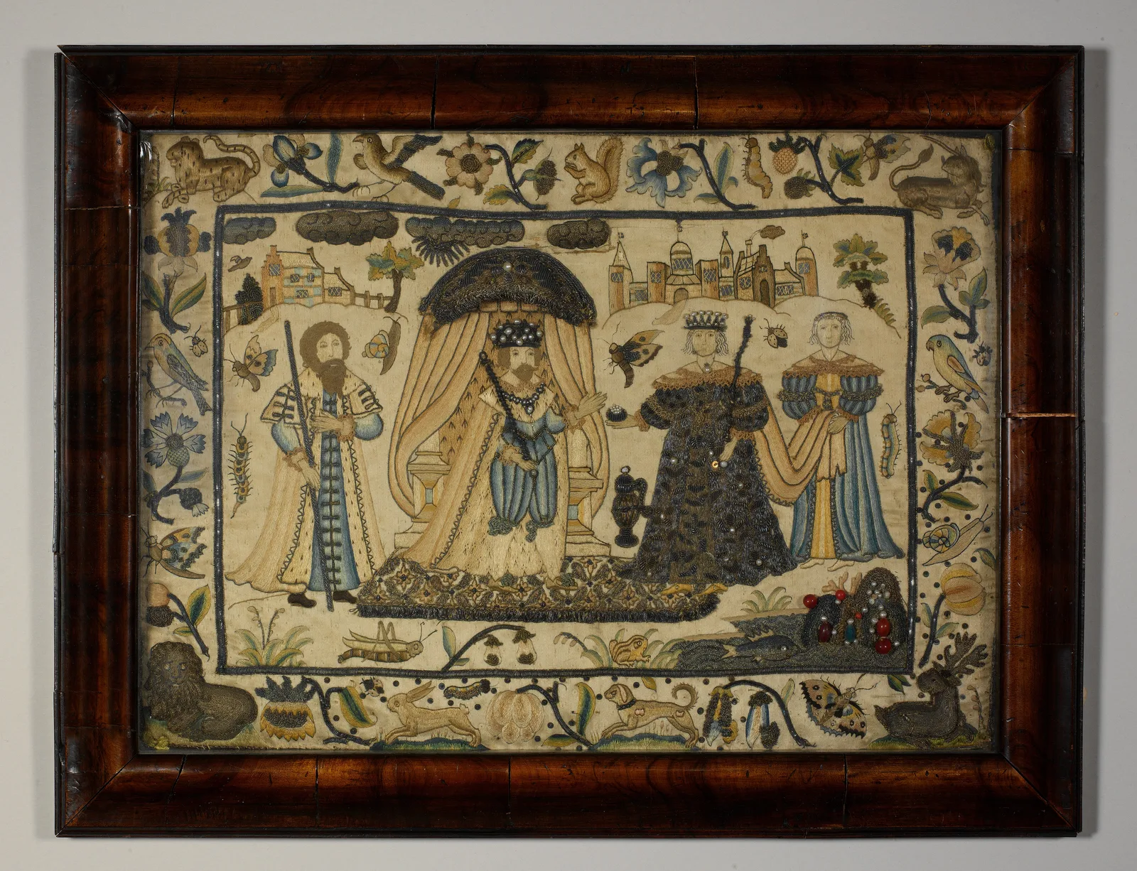 Broderie stumpwork anglaise du XVIIe siècle avec personnages en relief, soies colorées et fond de satin — Metropolitan Museum of Art