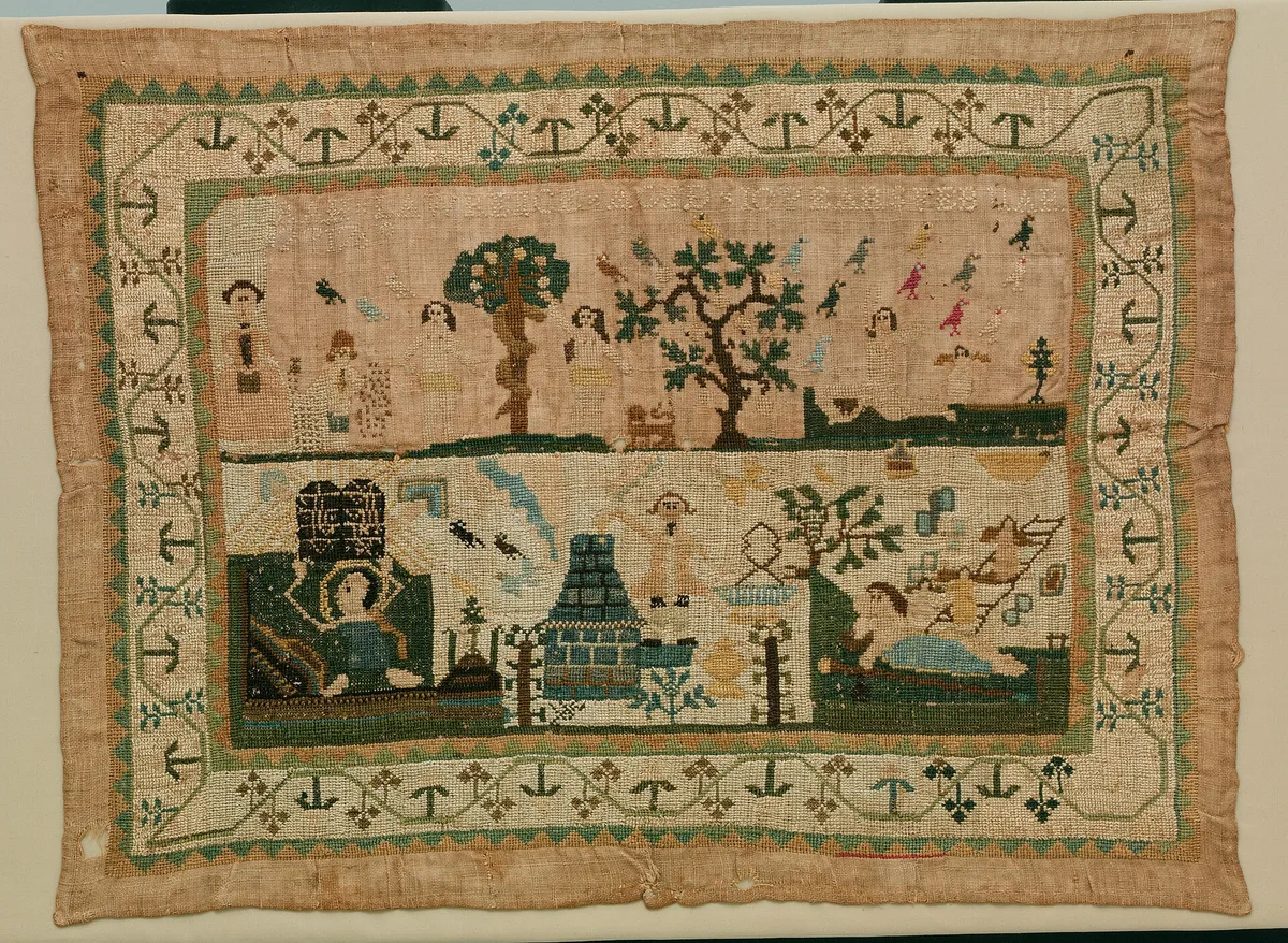 Sampler américain de 1768 brodé sur une toile de lin jaunie par le temps, avec arbres et personnages